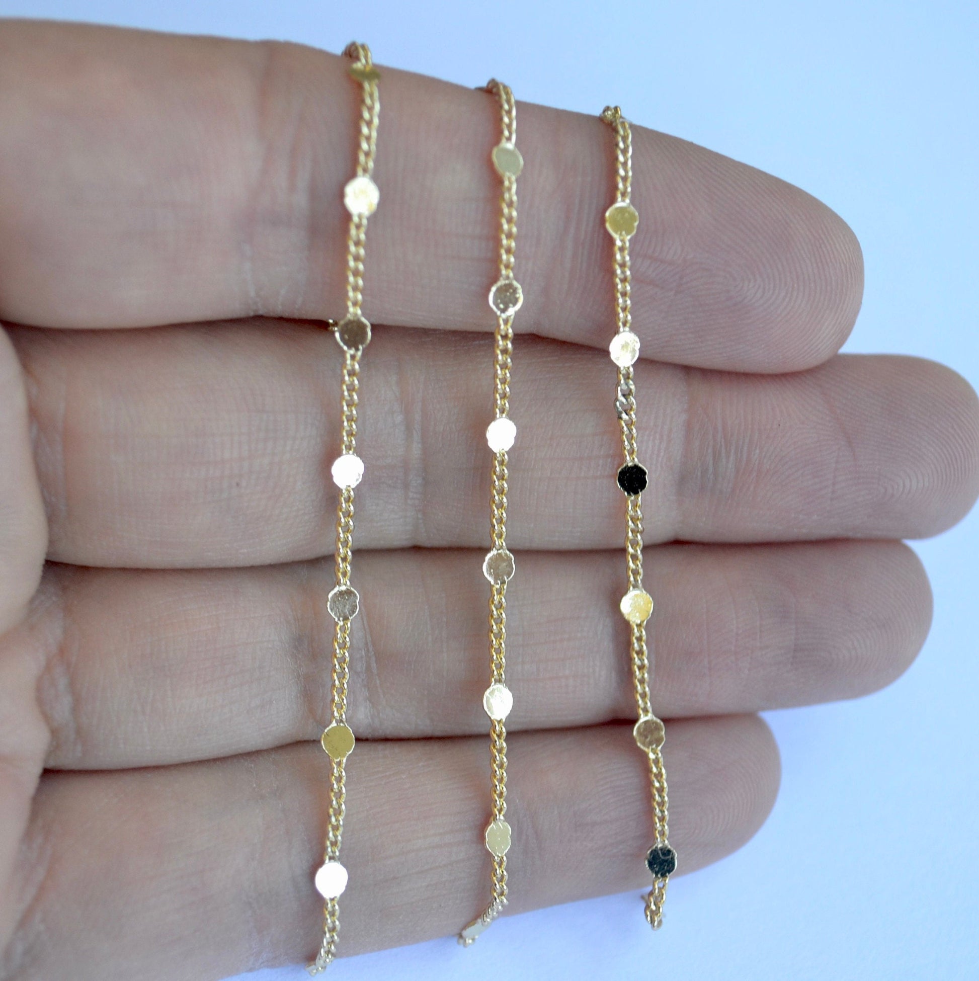 14k gold filled tiny disc satellite chain dainty circle chain close up