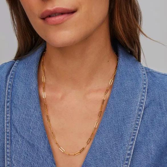 14k gold filled paperclip chain necklace worn by woman modern jewelry