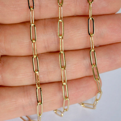 Gold paperclip chain held between fingers against a neutral background