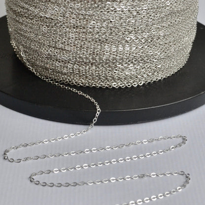 Sterling Silver cable chain on a spool with a black background