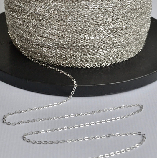 Sterling Silver cable chain on a spool with a black background