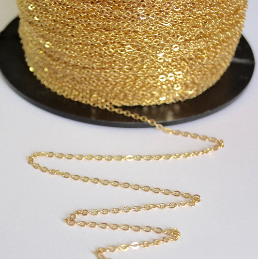 14k Gold Filled Cable Chain - 1.3mm Flat Cable Chain by the Foot - Wholesale Gold Chain Bulk for Jewelry Making