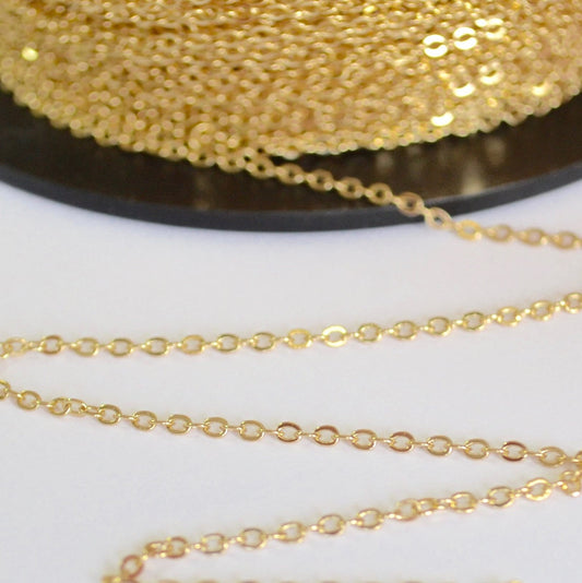 14k Gold Filled Cable Chain - 1.3mm Flat Cable Chain by the Foot - Wholesale Gold Chain Bulk for Jewelry Making
