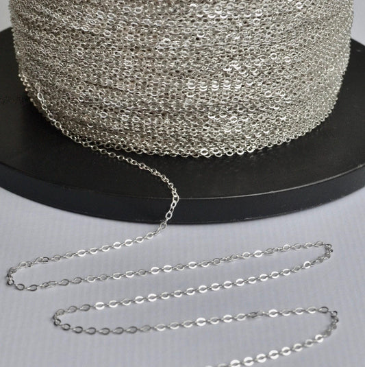 10 ft Sterling Silver Chain 925 solid sterling silver - Flat Cable Chain 1.3 mm -Permanent jewelry supply - Silver by Bulk